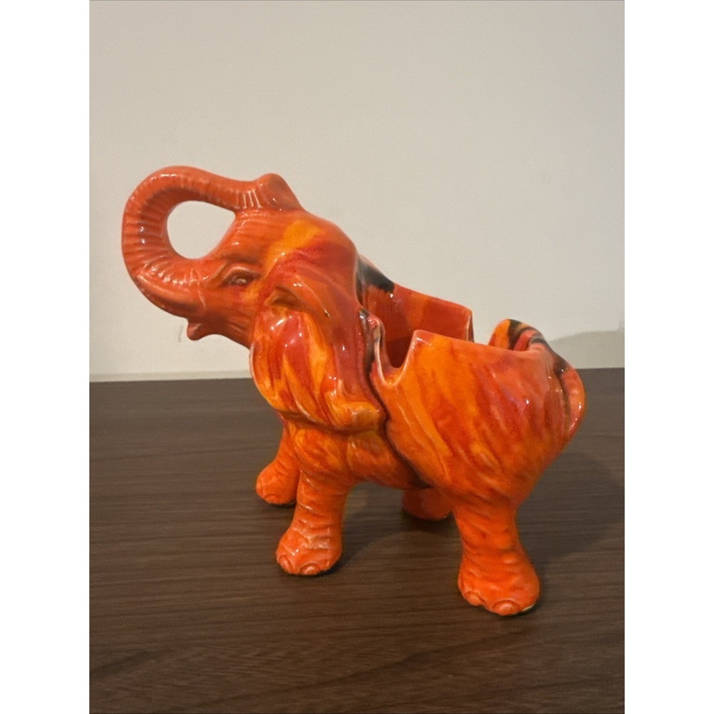 Vintage Orange Ceramic Elephant Planter Mid Century Modern MCM Pottery Figurine